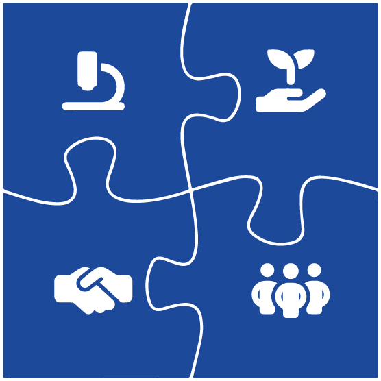 Illustration of four interlocking puzzle pieces, each featuring a distinct icon: a microscope symbolizing science, a hand nurturing a sprouting plant representing sustainability, a handshake denoting collaboration, and three figures standing together to signify community.